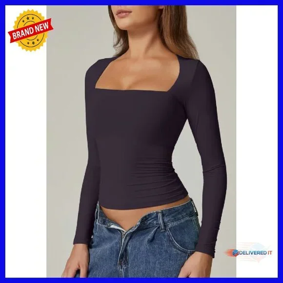 Women's Long Sleeve Square Neck Fitted Tee Buttery Soft Double Lined - Picture 3 of 6